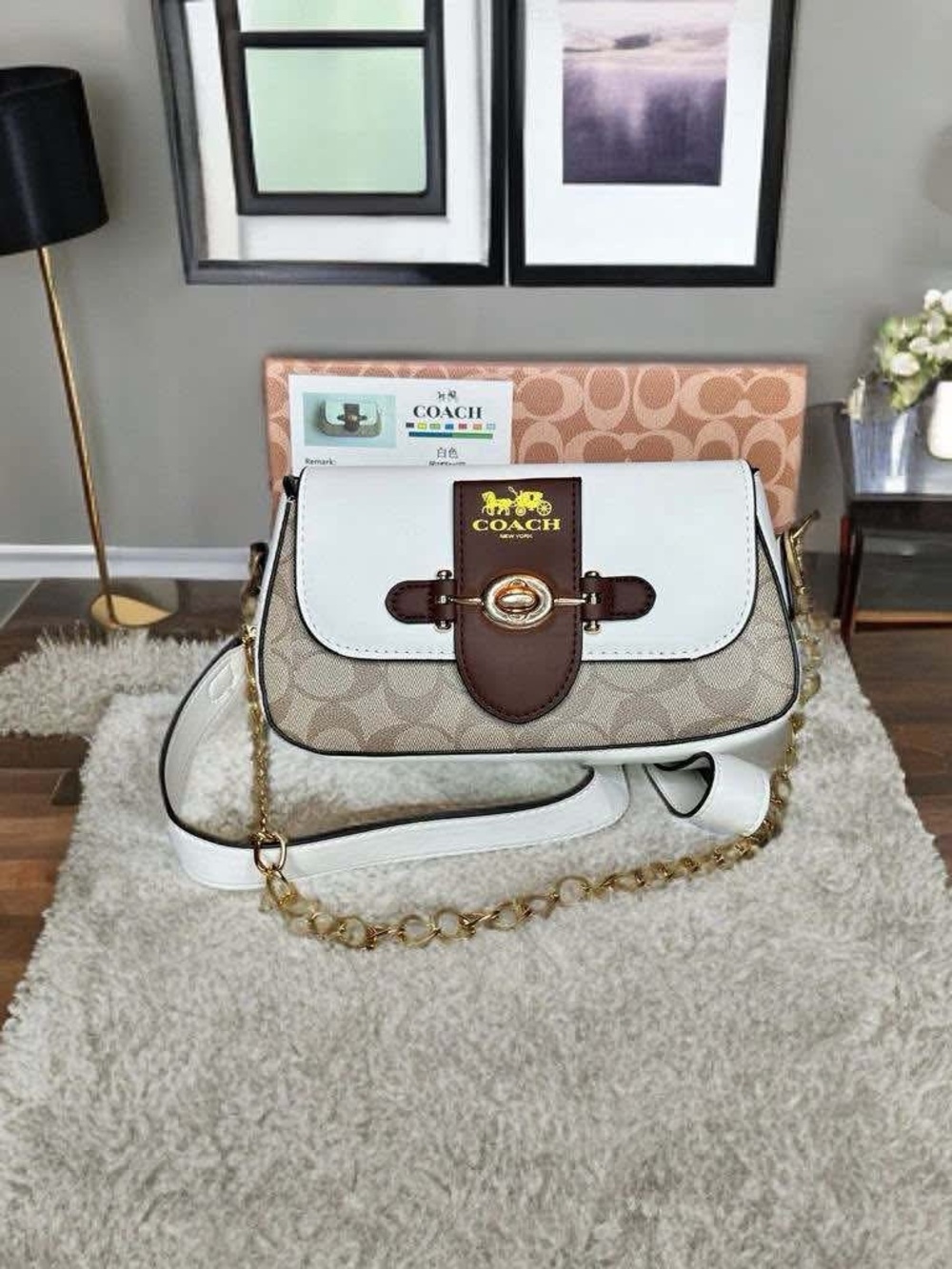 Coach Beige, White & Brown Signature Crossbody Bag